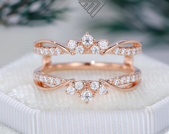 Free shipping Double Curved Diamond wedding band vintage Rose Gold Moissanite wedding band Unique crown Bridal art deco Stacking Matching