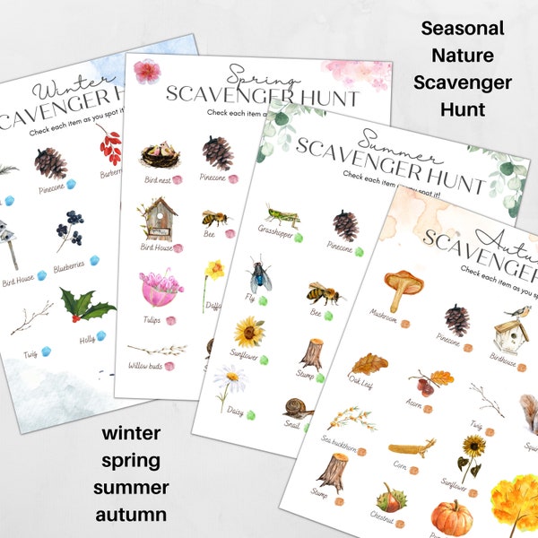 Seasonal Nature Scavenger Hunt, Outdoor Winter, Spring, Summer and Autumn Scavenger hunt,  Montessori, Homeschool, INSTANT DOANLOAD