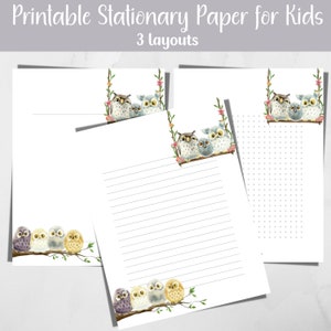 Conjunto de papel de carta imprimible de búhos, descarga de papel de búho digital, hoja de escritura de papelería, forrado, en blanco y punteado, acuarela, PDF