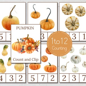 May include: A printable set of 12 cards featuring watercolor illustrations of pumpkins. Each card has a number of pumpkins to count and clip. The cards are labeled "1 to 12 Counting" and "Count and Clip".