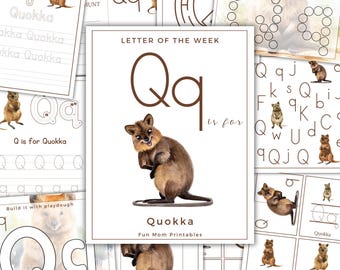May include: A printable worksheet for learning the letter Q. The worksheet features a cartoon quokka, the letter Q, and the phrase "Q is for Quokka".