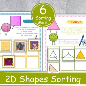 Può includere: Tavole di smistamento educative per forme 2D. Le tavole presentano illustrazioni colorate di quadrati e triangoli, con esempi di ogni forma. Il testo recita "6 Sorting Mats" e "2D Shapes Sorting".