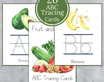 Fruit and Vegetables alphabet tracing cards. Watercolor letter cards. Kids printable. INSTANT DOWNLOAD