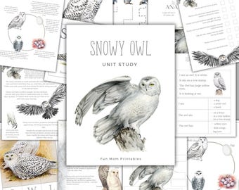 May include: Printable snowy owl unit study with a white snowy owl illustration, a life cycle diagram, and a fill-in-the-blank activity. The text "Snowy Owl Unit Study" is at the top of the page.