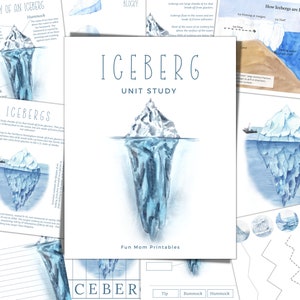 Peut inclure: Une étude unitaire éducative imprimable sur les icebergs. L'unité comprend un diagramme d'un iceberg, une recherche de mots, une activité de remplissage des blancs et une section sur la formation des icebergs. Les illustrations sont dans un style aquarelle avec des couleurs bleues et blanches.