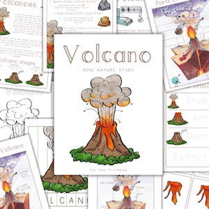 Può includere: Una raccolta di materiali didattici sui vulcani. L'immagine principale mostra un vulcano dei cartoni animati in eruzione con lava arancione e fumo grigio. Il titolo "Volcano Mini Nature Study" è visualizzato sulla pagina centrale. Include diagrammi e attività.