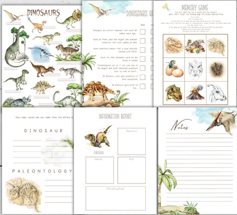 May include: A printable dinosaur activity book with colorful illustrations. The book includes a memory game, a dinosaur quiz, a dinosaur information report, a word search, and a notes section. The book is perfect for kids who love dinosaurs.