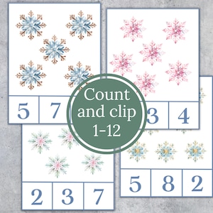 Carte con i fiocchi di neve da contare e ritagliare, conteggio da 1 a 12, attività per bambini in età prescolare, download immediato