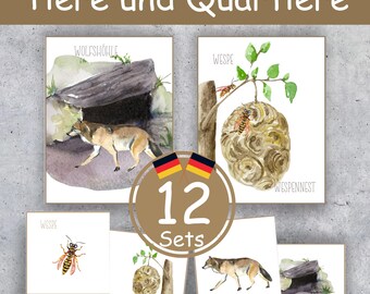 May include: A set of 12 animal habitat art prints. The prints feature watercolor illustrations of a wolf, a wasp, and their habitats. The German text "Tiere und Quartiere" is at the top. Includes German flags and the word "Sets".