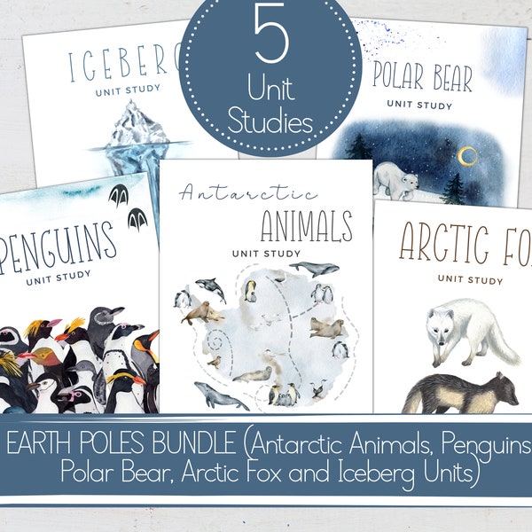 BUNDLE POLES TERRE, Unité des animaux de l’Antarctique, Unité de l’ours polaire, Unité des pingouins, Unité du renard arctique, Unité des icebergs, Imprimable, Téléchargement instantané
