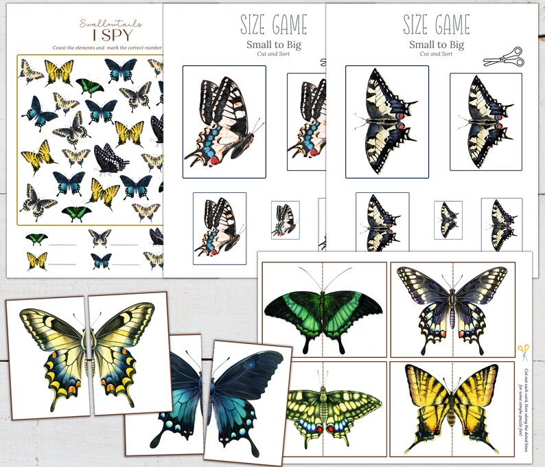 May include: A printable educational activity for kids featuring colorful butterfly illustrations. The activity includes a "I Spy" game and a "Size Game" where children can cut and sort butterflies by size.
