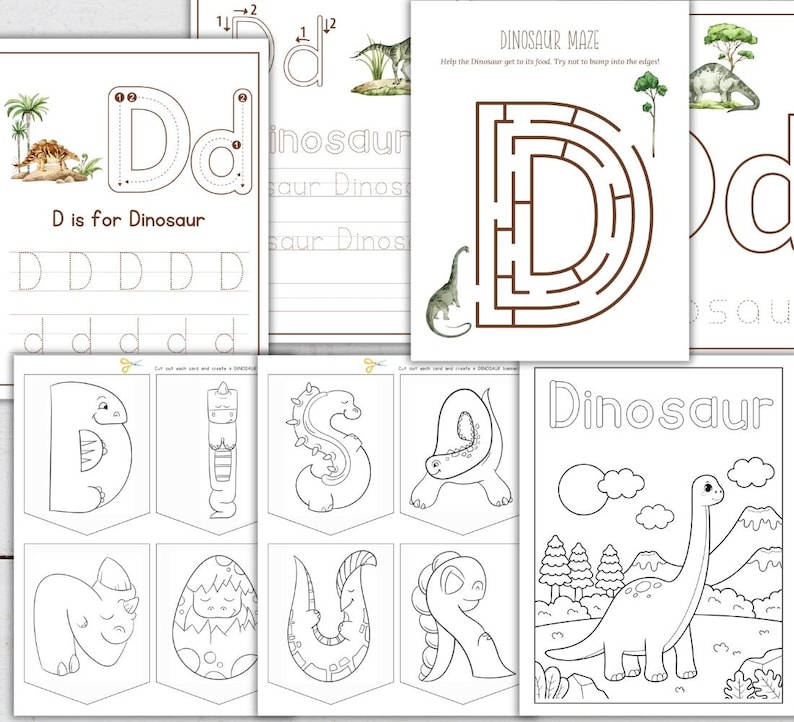 May include: A printable worksheet set for preschoolers featuring the letter D and dinosaurs. The set includes a tracing sheet, a maze, a coloring page, and a banner to cut out and decorate.