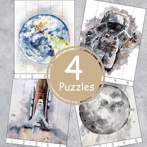Afdrukbare nummerreekspuzzels Outer Space, Montessori-voorschoolse activiteit, direct downloaden