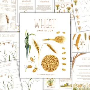 May include: A printable wheat unit study with illustrations of wheat stalks, seeds, and a life cycle diagram. The title is "Wheat Unit Study" with the text "Fun Mom Printables" at the bottom.