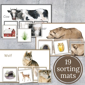 May include: Nineteen sorting mats for kids featuring watercolor illustrations of animals and their habitats. The mats include a cow, a bear, a wolf, and their corresponding habitats.