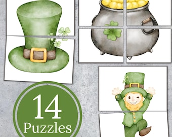 May include: A set of 14 printable St. Patrick's Day puzzles featuring a leprechaun, a pot of gold, and a green hat. The puzzles are designed for children and are a fun way to celebrate St. Patrick's Day.