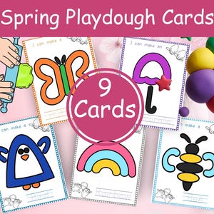 Könnte beinhalten: Neun Frühlings-Knetkarten mit farbenfrohen Illustrationen eines Schmetterlings, Regenschirms, Vogels, Regenbogens und einer Biene. Die Karten haben Umrisse für Knetmasseformen und den Text "Spring Playdough Cards".