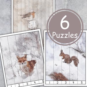Könnte beinhalten: Sechs Winter-Puzzles mit einem Fuchs, einem Eichhörnchen und einem Rotkehlchen. Jedes Puzzle ist in fünf vertikale Streifen unterteilt, die von 1 bis 5 nummeriert sind.