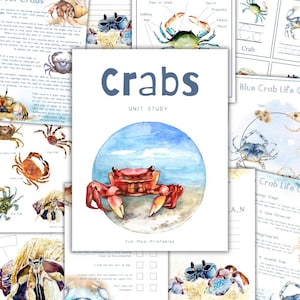 May include: Educational printables about crabs, featuring a watercolour illustration of a red crab on a beach under a blue circle. The title "Crabs UNIT STUDY" is above the crab image. Other pages show crab life cycles and anatomy. Measurements are in cm.