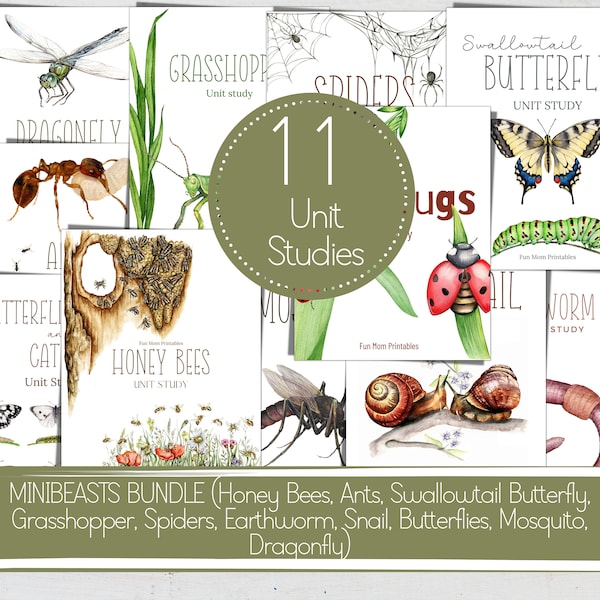 MINIBEASTS Units Bundle, 11 Unit Studies, Life Cycle, Anatomy, Nature Study, Science,  Handwriting, Homeschool, INSTANT DOWNLOAD