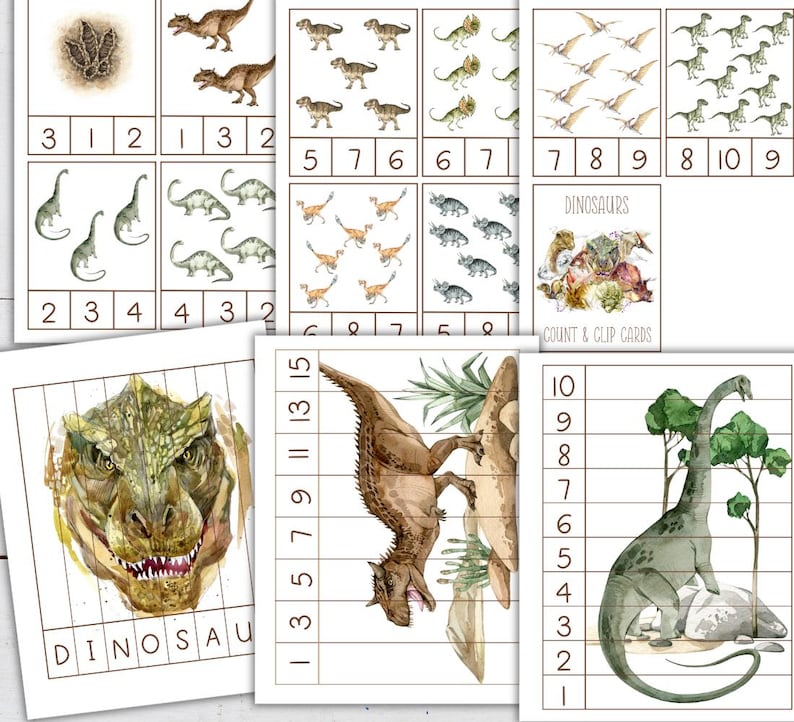 May include: A set of printable dinosaur-themed counting and clip cards for kids. The cards feature colorful illustrations of different dinosaurs, including a Tyrannosaurus Rex, a Brachiosaurus, and a Triceratops. The cards are designed to help children learn to count and identify numbers.