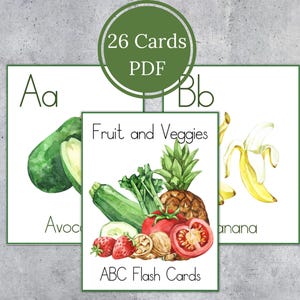 Cartes mémoire alphabet fruits et légumes. Cartes-lettres aquarelles. Enfants à imprimer. TÉLÉCHARGEMENT IMMÉDIAT