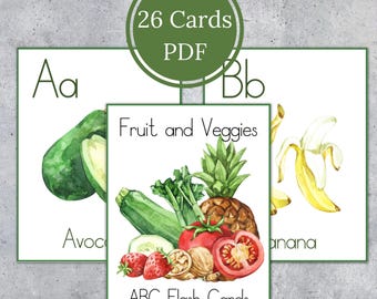 Fruit and Vegetables alphabet flashcards. Watercolor letter cards. Kids printable. INSTANT DOWNLOAD