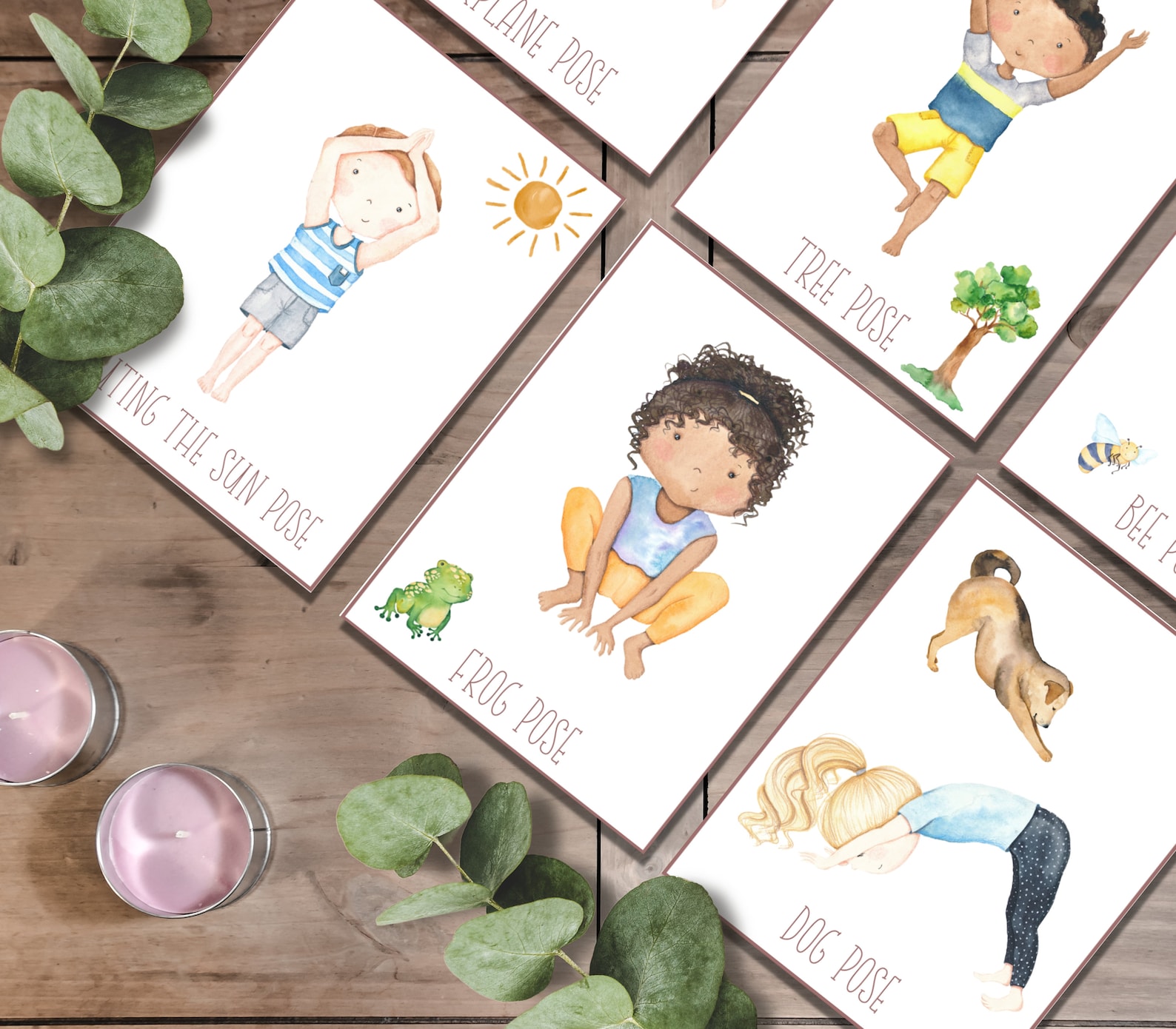 Collection of colorful yoga cards showing various child-friendly poses