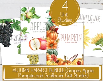 AUTUMN HARVEST BUNDLE, Apple, Pumpkin, Grapes and Sunflower Unit Studies, Science,  Handwriting, Homeschool Printable, Instant Download