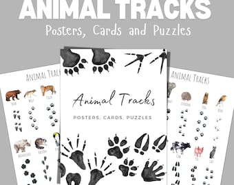 May include: Three printable posters with black and white illustrations of animal tracks. The posters have the title "Animal Tracks" and the text "Posters, Cards, Puzzles".
