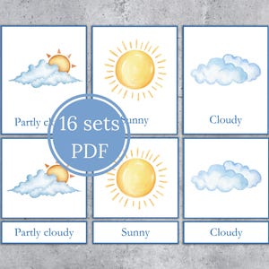 WEATHER Montessori 3-part cards. 2 sizes. Preschool vocabulary activity. Instant Download.