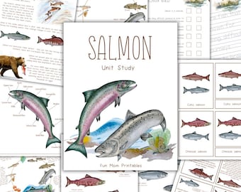 Puede incluir: Un recurso educativo imprimible para aprender sobre el salmón. El recurso incluye ilustraciones de salmones, un diagrama del ciclo de vida, un cuestionario sobre el salmón y un juego de emparejamiento. El texto "Salmon Unit Study" aparece en una fuente marrón sobre un fondo blanco.