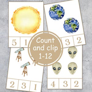 Cartões de contagem e recorte do OUTER SPACE, contagem de 1 a 12, atividade para crianças pequenas em idade pré-escolar, download instantâneo