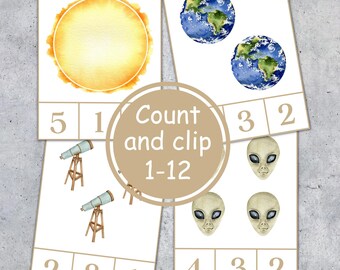 OUTER SPACE Count and Clip Cards, 1 to 12 counting, Toddler Preschool Activity, Instant Download