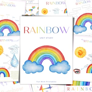 May include: A printable rainbow unit study with colorful illustrations of rainbows, clouds, and the sun. The text "RAINBOW UNIT STUDY" is at the top of the page. The text "Fun Mom Printables" is at the bottom of the page.