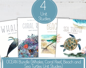 May include: A set of four printable unit studies for kids about ocean life. The unit studies include whales, coral reefs, beaches, and sea turtles. Each unit study features a watercolor illustration of the subject.