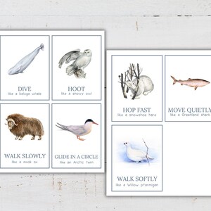 May include: Two sets of watercolor animal cards. One set features a beluga whale, snowy owl, musk ox, and Arctic tern. The other set includes a snowshoe hare, Greenland shark, and Willow ptarmigan. Each card has an action word and animal name.