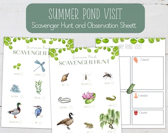 May include: A printable scavenger hunt and observation sheet for a summer pond visit. The sheet features illustrations of pond life, including a dragonfly, snail, pond skater, mosquito, water lily, frog, goose, and willow tree. The sheet also includes a section for recording observations, such as what you heard, smelled, and tasted.