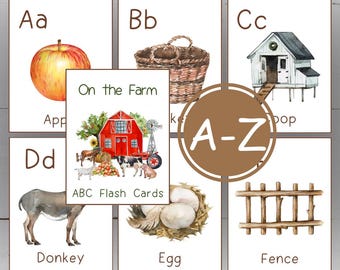 May include: Watercolor ABC flash cards featuring farm animals and objects. Each card displays a letter, a corresponding image, and the word. Includes an apple, basket, coop, donkey, egg, and fence. The center card reads "On the Farm" and "ABC Flash Cards".