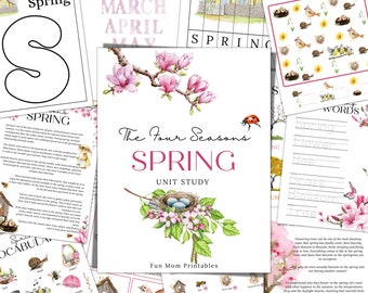 Puede incluir: Un estudio unitario imprimible para la primavera con una ilustración colorida de un nido de pájaro en un árbol en flor. El texto "The Four Seasons SPRING Unit Study" aparece en la portada. Fun Mom Printables está impreso en la parte inferior de la página.