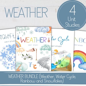 May include: A set of four unit studies on weather, including snowflakes, the water cycle, and rainbows. The covers feature watercolour illustrations of weather elements, with the word "WEATHER" prominently displayed.