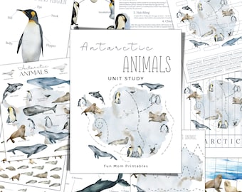 May include: A printable educational worksheet about Antarctic animals. The worksheet features a map of Antarctica with illustrations of penguins, whales, seals, and other animals. The text "Antarctic Animals Unit Study" is at the top of the page. The worksheet is designed for children to learn about the different animals that live in Antarctica.