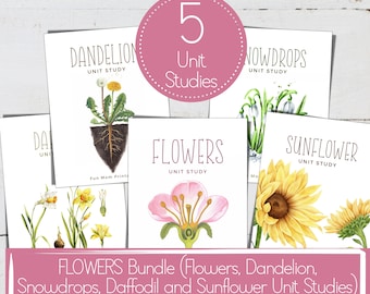 May include: Five printable unit studies for kids about flowers, including dandelion, snowdrops, daffodil, and sunflower. Each study features a watercolor illustration of the flower and its parts.