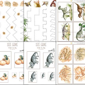 May include: A printable dinosaur-themed educational activity for kids. The activity includes a size game, a cut and sort activity, and a tracing activity. The dinosaurs are illustrated in watercolor.