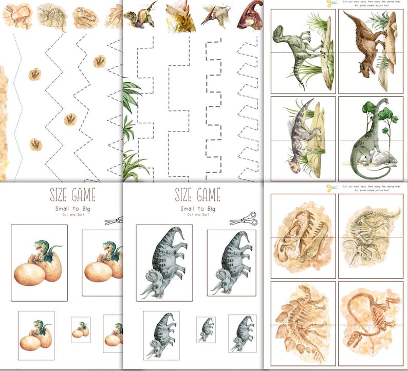 May include: A printable dinosaur-themed educational activity for kids. The activity includes a size game, a cut and sort activity, and a tracing activity. The dinosaurs are illustrated in watercolor.