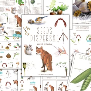 May include: A set of printable educational worksheets for a unit study on seed dispersal. The worksheets feature colorful illustrations of animals, plants, and seeds, along with text explaining different methods of seed dispersal, such as wind, water, and animals. The title of the unit study is "Seeds Dispersal Unit Study".