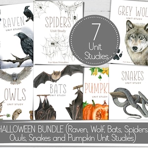 May include: A set of seven printable Halloween unit studies for kids. The unit studies include topics like owls, bats, spiders, snakes, ravens, wolves, and pumpkins. Each unit study has a colorful illustration and the title "Unit Study".