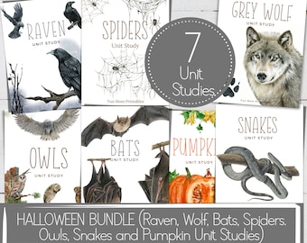 Halloween-studiepaket: Korp, varg, fladdermöss, spindlar (utskrivbart hemundervisningsmaterial)