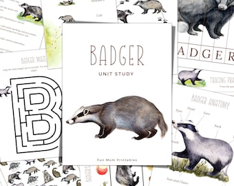 May include: A printable unit study about badgers. The printable includes a badger maze, a tracing activity, a badger anatomy diagram, and a page with images of badgers. The text "BADGER UNIT STUDY" is at the top of the page.