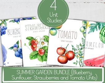 May include: A set of four printable unit studies for a summer garden theme. The units include blueberries, strawberries, tomatoes, and watermelon. Each unit study features a watercolor illustration of the fruit or vegetable.